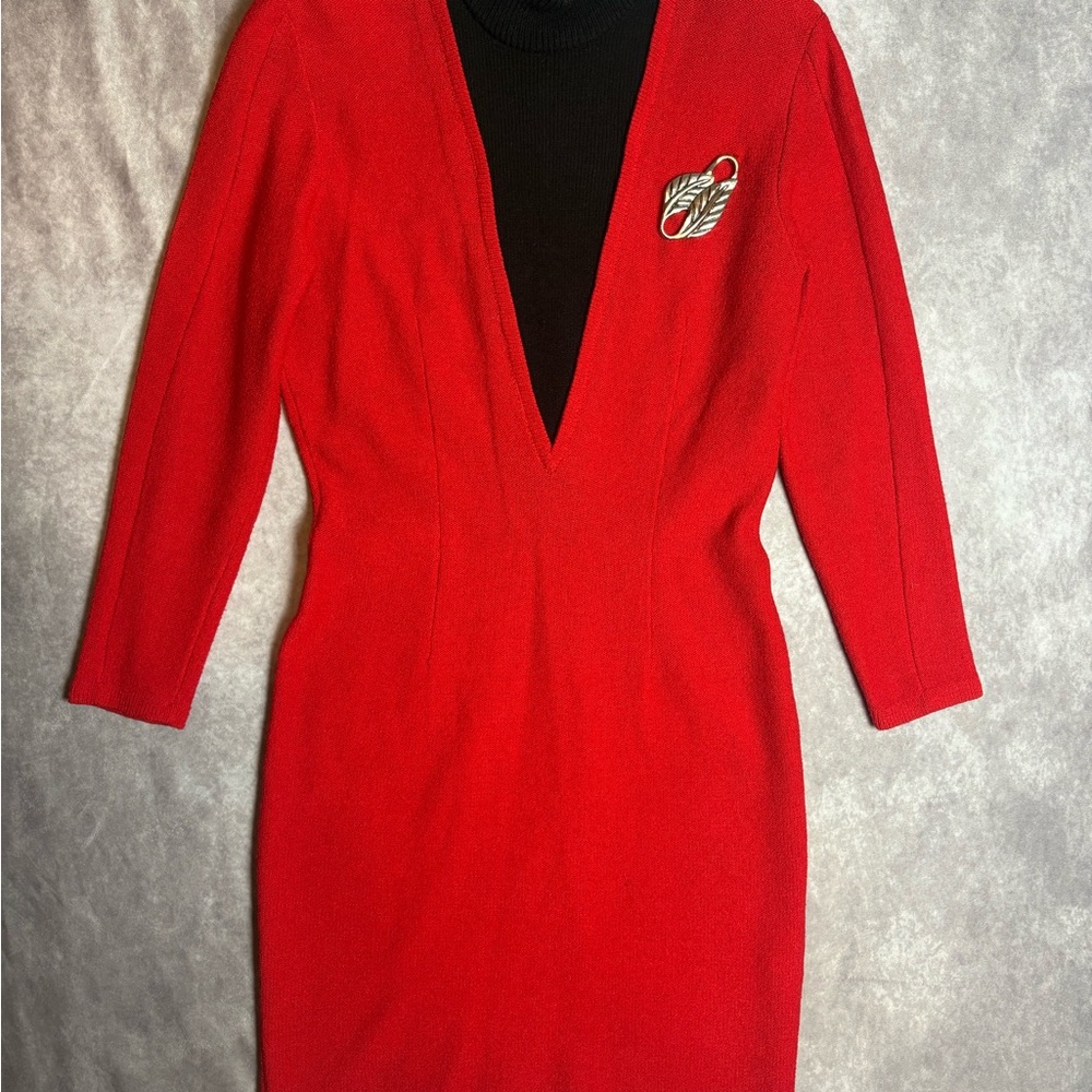 Vintage Jennifer Roberts Red and Black Mock Neck Sweater Dress Wool Blend Size 8